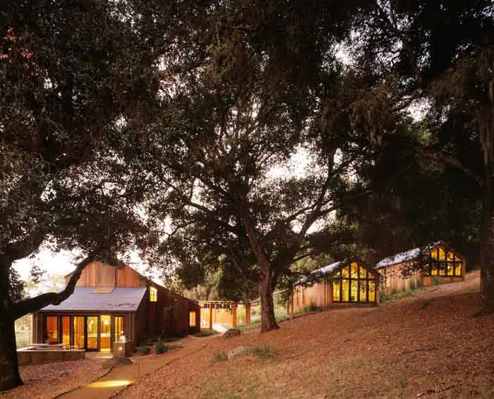 Warmly lit timber buildings framed by a huge oak over red-brown earth